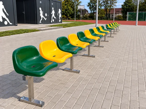 Ławka sportowa jednorzędowa ze stali nierdzewnej z zielonymi i żółtymi siedziskami przy boisku