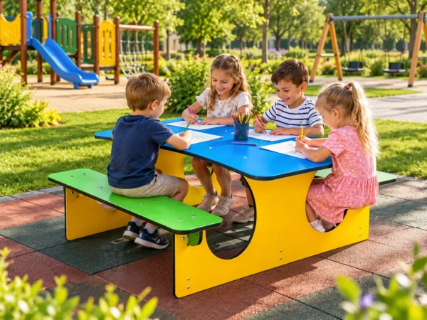 Stolik piknikowy dla dzieci z niebieskim blatem, dwiema zielonymi ławkami i żółtą konstrukcją